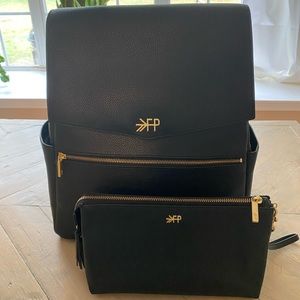 EUC Freshly Picked Backpack Diaper Bag and Wristlet. Black Leather OS